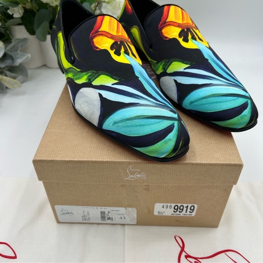 Men’s Christian Louboutin dandy check satin loafers multicolor floral size 43